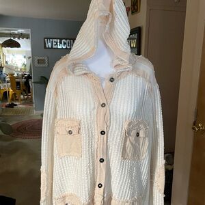 Cream  and Pink Hooded Button-Up boho Cardigan